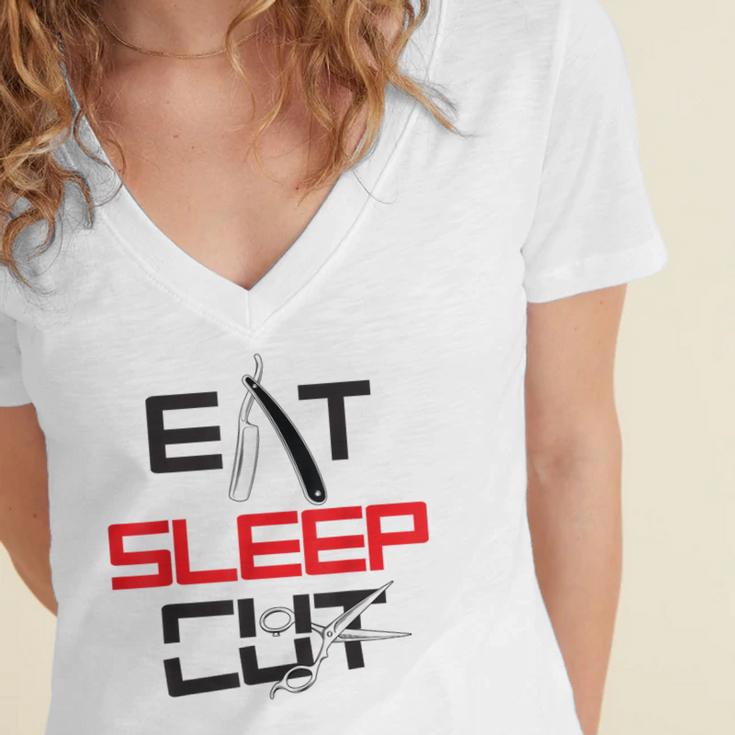 Haircutter Barber Eat Sleep Cut Barbering Graduation Women's Jersey Short Sleeve Deep V-Neck Tshirt