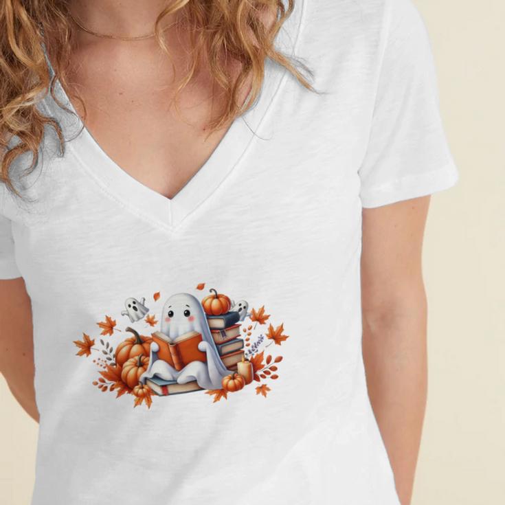 Halloween Book Lover Ghost Witch Books & Pumpkins Women's Jersey Short Sleeve Deep V-Neck Tshirt Halloween Book Lover Ghost Witch Books & Pumpkins Women's Jersey Short Sleeve Deep V-Neck Tshirt