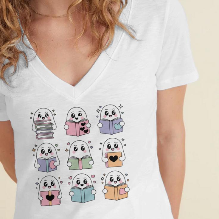 Halloween Ghosts Reading Books Pattern Spooky Kawaii Anime Women's Jersey Short Sleeve Deep V-Neck Tshirt