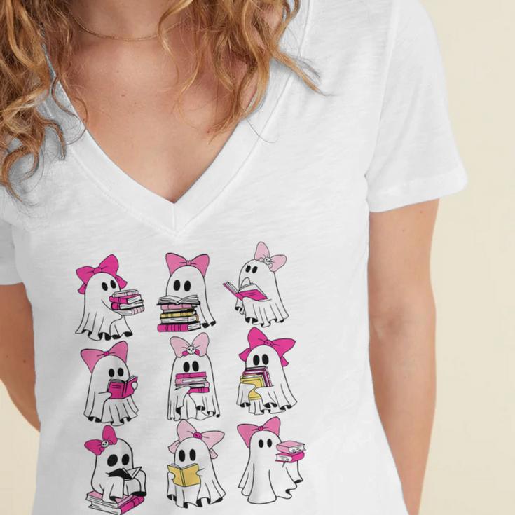 Halloween Pink Ghost Read More Books Spooky Boo Teacher Kids Women's Jersey Short Sleeve Deep V-Neck Tshirt