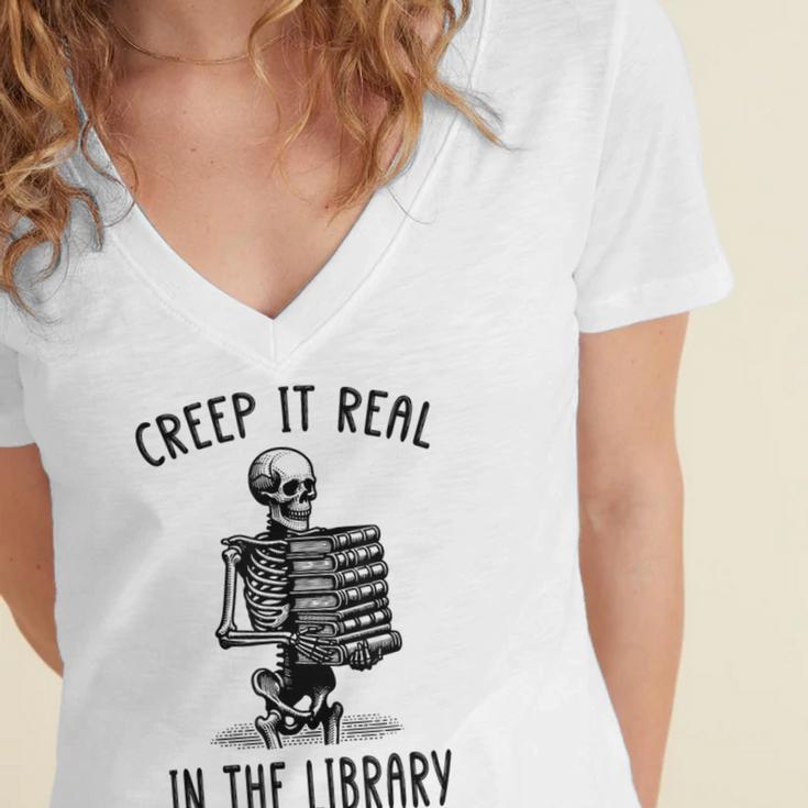 Halloween Skeleton Pun Book Lover Library Joke Women's Jersey Short Sleeve Deep V-Neck Tshirt