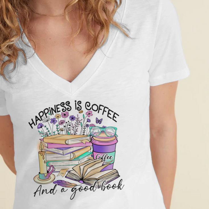 Happiness Is Coffee And a Good Book Women Love Reading Book Women's Jersey Short Sleeve Deep V-Neck Tshirt Happiness Is Coffee And a Good Book Women Love Reading Book Women's Jersey Short Sleeve Deep V-Neck Tshirt