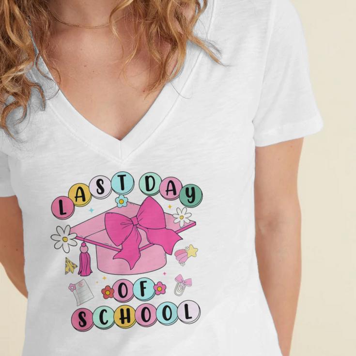 Happy Last Day Of School Coquette Bow Graduation Girls Kids Women's Jersey Short Sleeve Deep V-Neck Tshirt