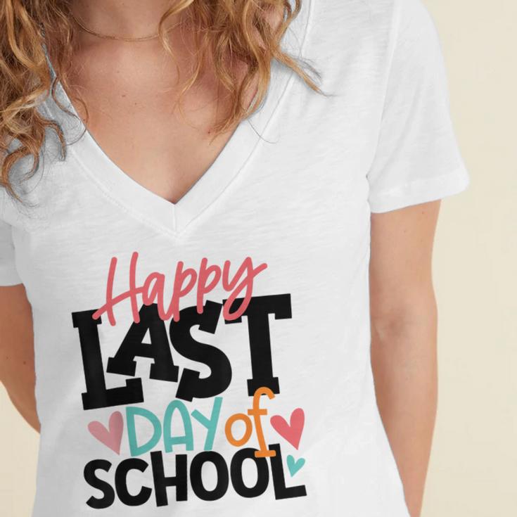 Happy Last Day Of School Kids Teacher Student Graduation Women's Jersey Short Sleeve Deep V-Neck Tshirt