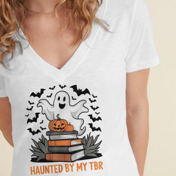 Haunted By My TBR Boo Halloween Book Lover Librarian Women's Jersey Short Sleeve Deep V-Neck Tshirt