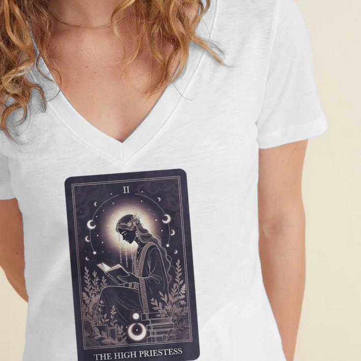 High Priestess Tarot Art Celestial Mystic Book Lover Women's Jersey Short Sleeve Deep V-Neck Tshirt