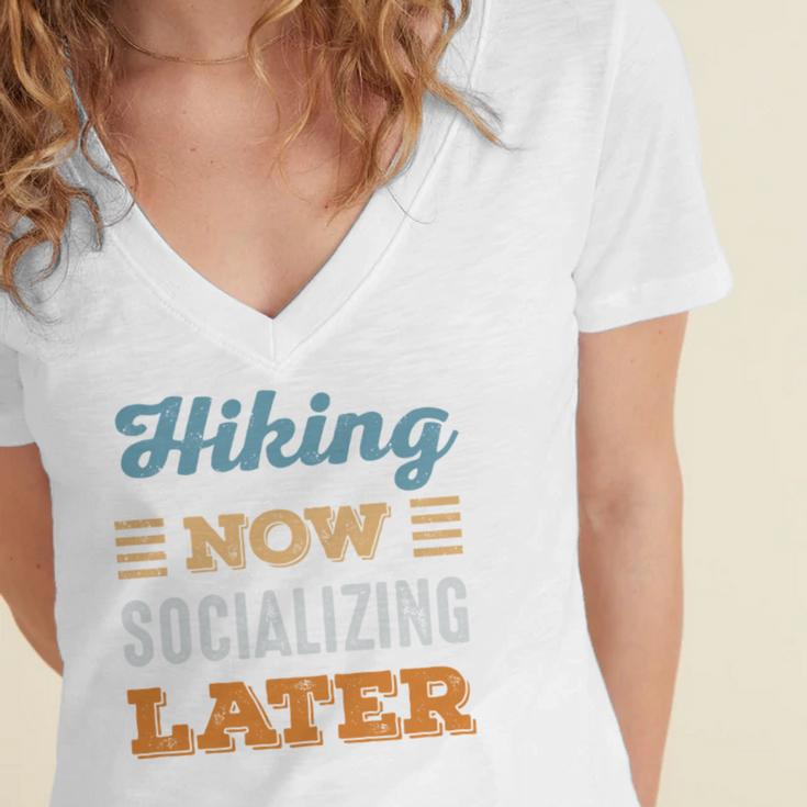 Hiking Now Minimal Socializing Introvert Vintage Women's Jersey Short Sleeve Deep V-Neck Tshirt