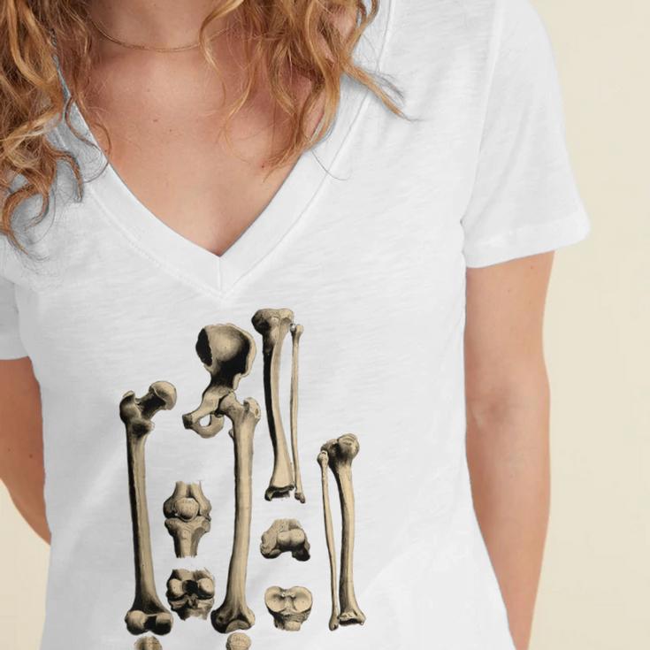 Hip And Leg Bones Book Print Vintage Human Bones Women's Jersey Short Sleeve Deep V-Neck Tshirt