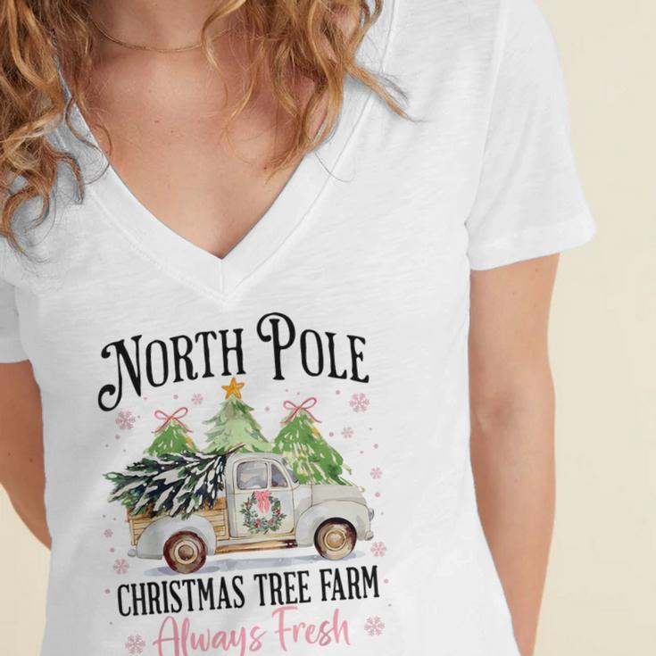 Holiday Scene Nostalgia North Pole Tree Farm Merry Christmas Women's Jersey Short Sleeve Deep V-Neck Tshirt