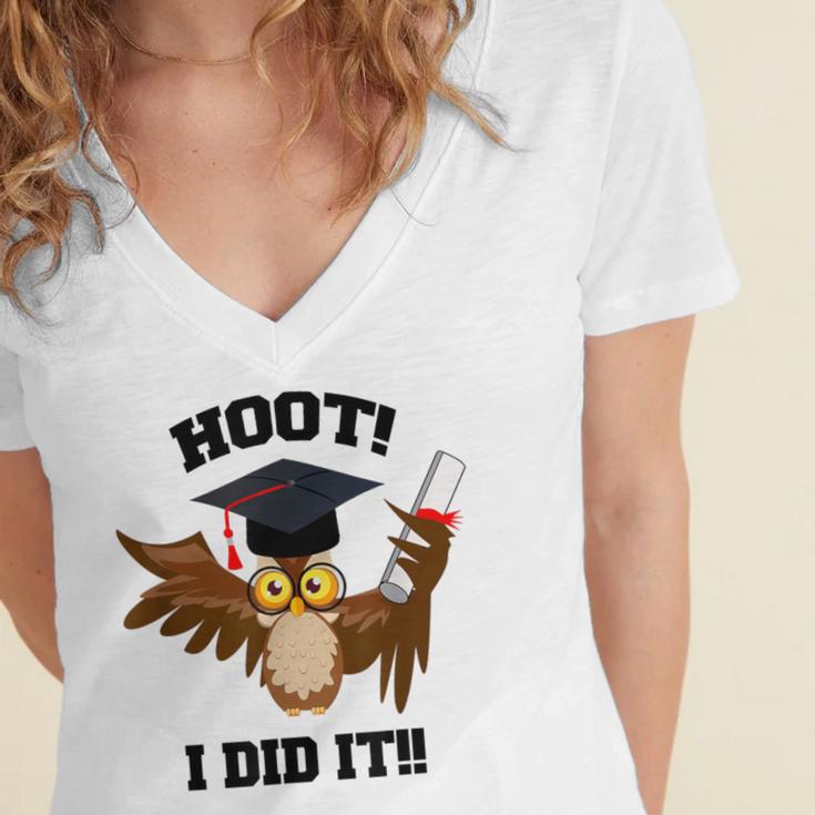 Hoot I Did It Grad Owl Holding Graduation Diploma Congrats Women's Jersey Short Sleeve Deep V-Neck Tshirt