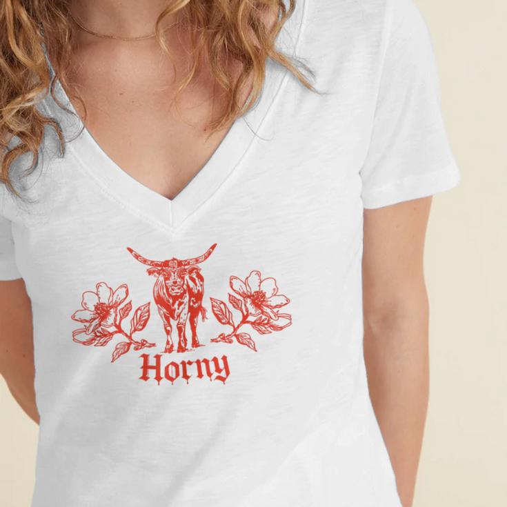 Horny Bull Romance Reader Shirt Spicy Books Bull Pun Women's Jersey Short Sleeve Deep V-Neck Tshirt Horny Bull Romance Reader Shirt Spicy Books Bull Pun Women's Jersey Short Sleeve Deep V-Neck Tshirt