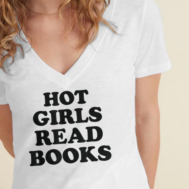 Hot Girls Read Books Lover Bookworm Librarian Book Reading Women's Jersey Short Sleeve Deep V-Neck Tshirt