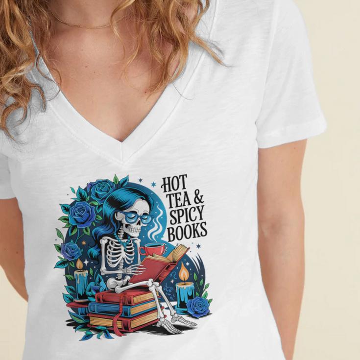 Hot Tea & Spicy Books Skeleton Reader Women's Jersey Short Sleeve Deep V-Neck Tshirt Hot Tea & Spicy Books Skeleton Reader Women's Jersey Short Sleeve Deep V-Neck Tshirt