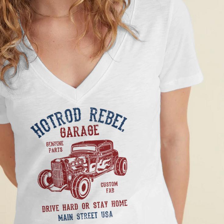 Hotrod Rebel Automotive Nostalgia Old Car Distressed Premium Tri-Blend Women's Jersey Short Sleeve Deep V-Neck Tshirt