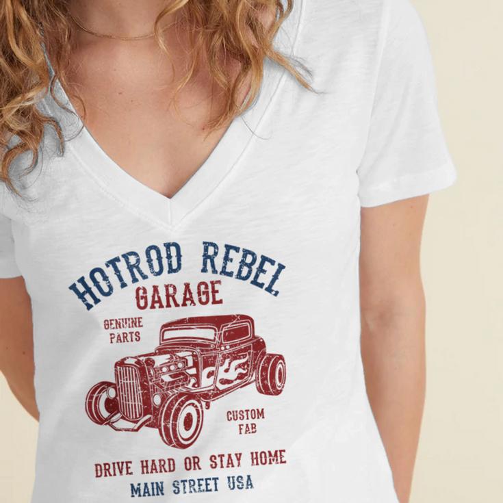 Hotrod Rebel Automotive Nostalgia Old Car Distressed Women's Jersey Short Sleeve Deep V-Neck Tshirt