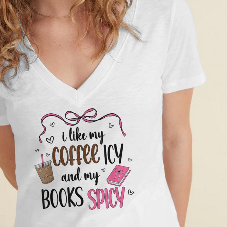 Iced Coffee & Reading Smut Books Girly Spicy Novels Women's Jersey Short Sleeve Deep V-Neck Tshirt