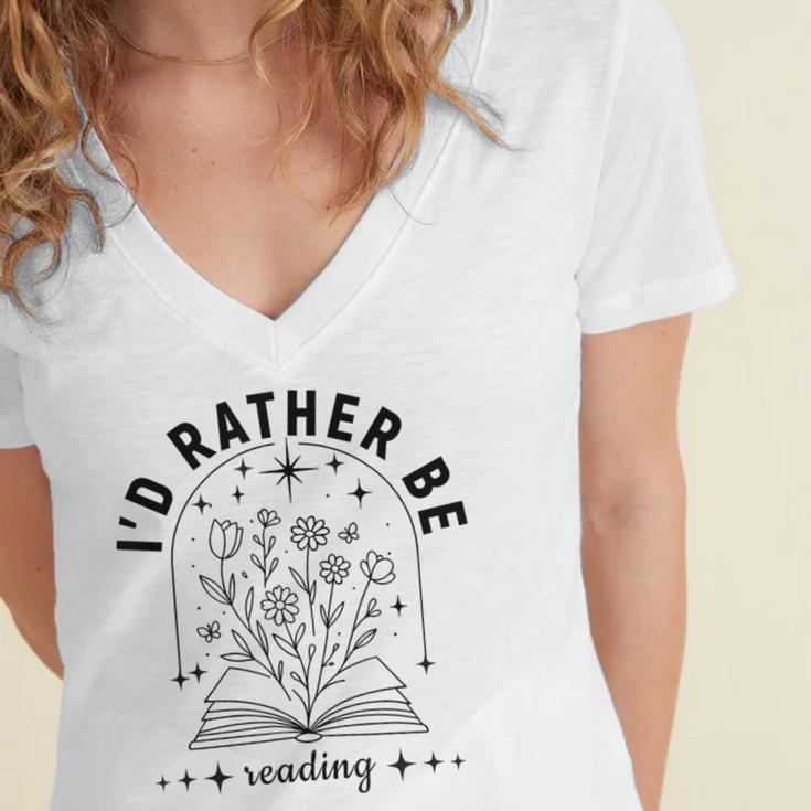 I’d Rather Be Reading Minimal Book Lover Arch Women's Jersey Short Sleeve Deep V-Neck Tshirt