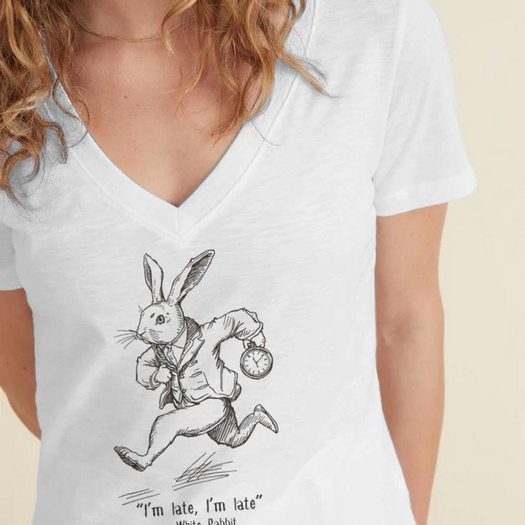 I'm Late I'm Late Rabbit From Alice Wonderland Book Women's Jersey Short Sleeve Deep V-Neck Tshirt