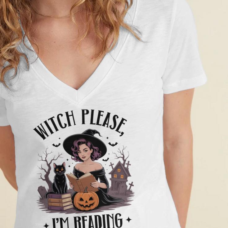 I'm Reading Halloween Witch Book Lover Women's Jersey Short Sleeve Deep V-Neck Tshirt