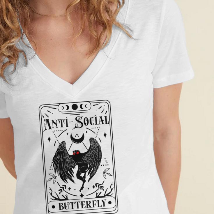 Introvert Apparel Emporium Mothman Tarot Card Antisocial Butterfly Cryptozoologist -Adults Grey Women's Jersey Short Sleeve Deep V-Neck Tshirt