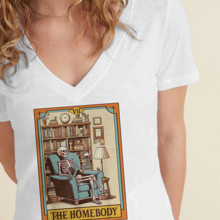 Introvert Homebody Awkward Skeleton The Homebody Tarot Card Women's Jersey Short Sleeve Deep V-Neck Tshirt