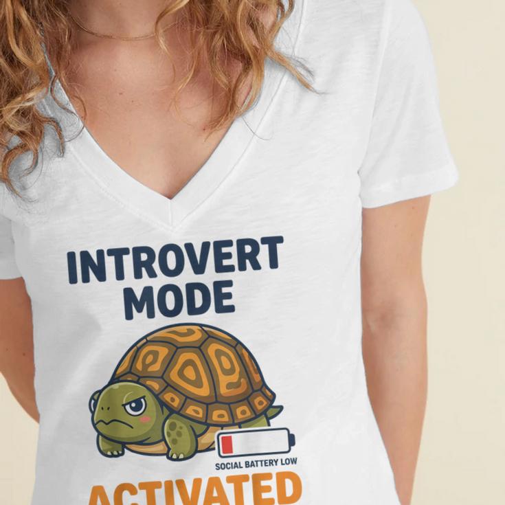 Introvert Mode Activated Low Social Battery Box Turtle Women's Jersey Short Sleeve Deep V-Neck Tshirt