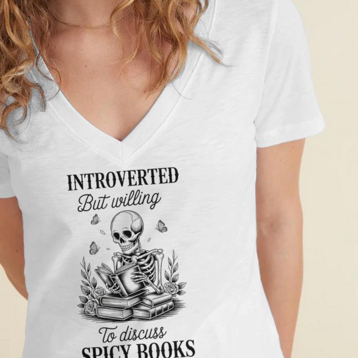 Introvert Read Spicy Books Lover Bookworm Skeleton Reading Women's Jersey Short Sleeve Deep V-Neck Tshirt Introvert Read Spicy Books Lover Bookworm Skeleton Reading Women's Jersey Short Sleeve Deep V-Neck Tshirt