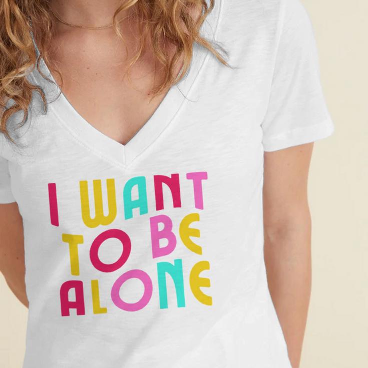 Introvert I Want To Be Alone Retro Wavy Women's Jersey Short Sleeve Deep V-Neck Tshirt
