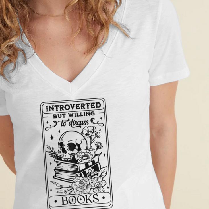 Introverted BUT Willing To Discuss Books Book Lover Women's Jersey Short Sleeve Deep V-Neck Tshirt