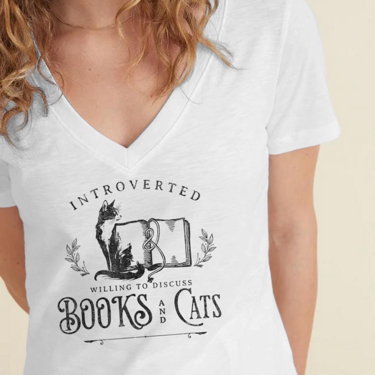 Introverted But Willing To Discuss Cats And Books Women's Jersey Short Sleeve Deep V-Neck Tshirt Introverted But Willing To Discuss Cats And Books Women's Jersey Short Sleeve Deep V-Neck Tshirt
