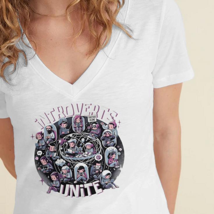 Introverts Unite Quirky Solitude Women's Jersey Short Sleeve Deep V-Neck Tshirt