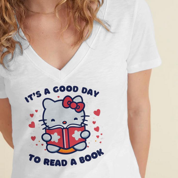 It's a Good Day To Read a Book Cute Cat Book Day Girls Boys Women's Jersey Short Sleeve Deep V-Neck Tshirt It's a Good Day To Read a Book Cute Cat Book Day Girls Boys Women's Jersey Short Sleeve Deep V-Neck Tshirt