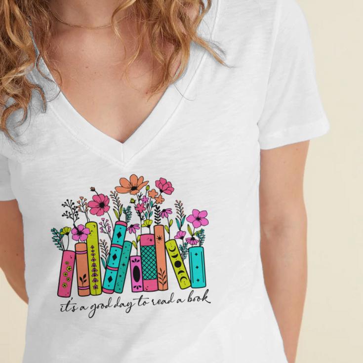 It's A Good Day To Read A Book Floral Book Lovers Librarian Women's Jersey Short Sleeve Deep V-Neck Tshirt It's A Good Day To Read A Book Floral Book Lovers Librarian Women's Jersey Short Sleeve Deep V-Neck Tshirt