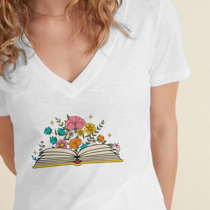 Its a Good Day To Read a Book Librarian Books Reading Floral Women's Jersey Short Sleeve Deep V-Neck Tshirt