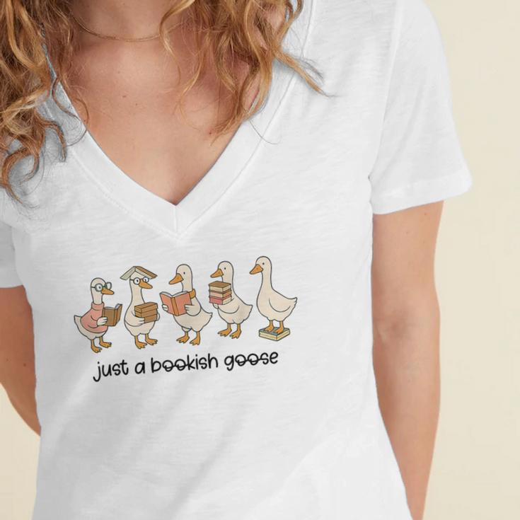 Just a Bookish Goose Cute Reading Geese For Book Fanatics Women's Jersey Short Sleeve Deep V-Neck Tshirt