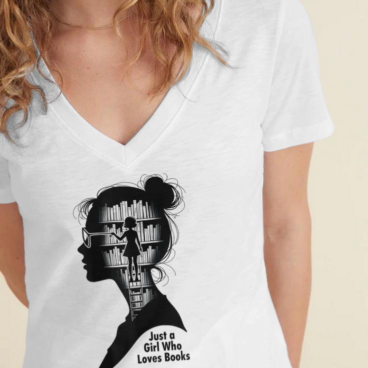Just A Girl Who Loves Books Girls Books Lovers Women's Jersey Short Sleeve Deep V-Neck Tshirt