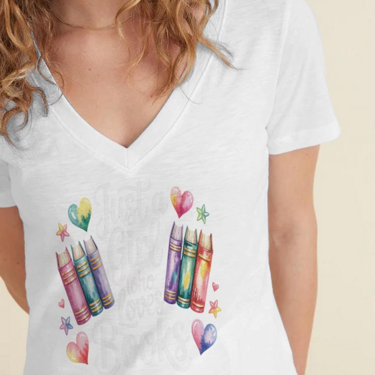 Just a Girl Who Loves Books Lover Reading Library Librarian Women's Jersey Short Sleeve Deep V-Neck Tshirt