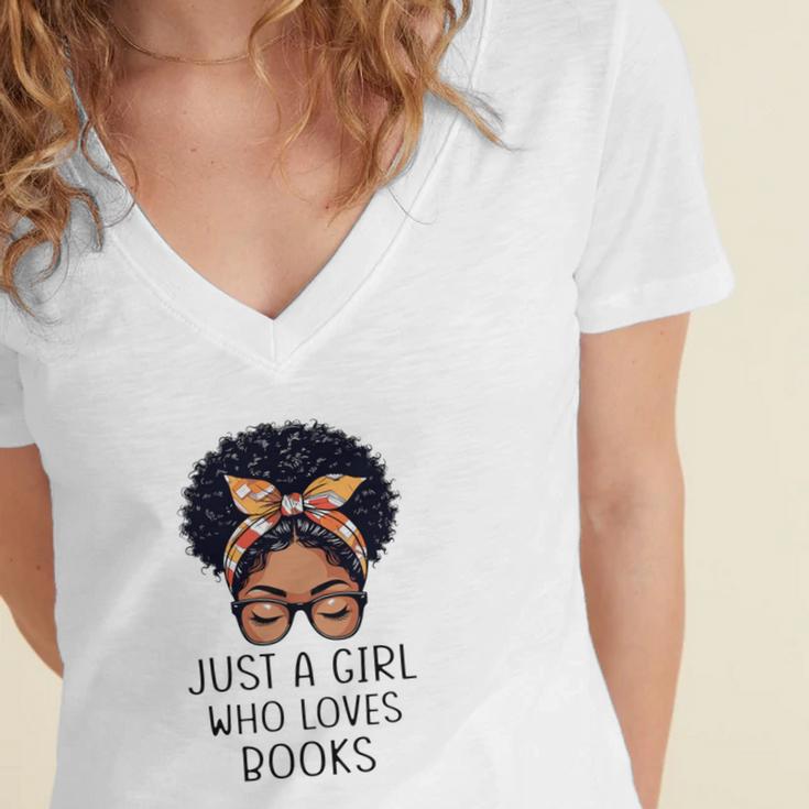 Just a Girl Who Loves Books Messy Bun Black Women Reading Women's Jersey Short Sleeve Deep V-Neck Tshirt Just a Girl Who Loves Books Messy Bun Black Women Reading Women's Jersey Short Sleeve Deep V-Neck Tshirt