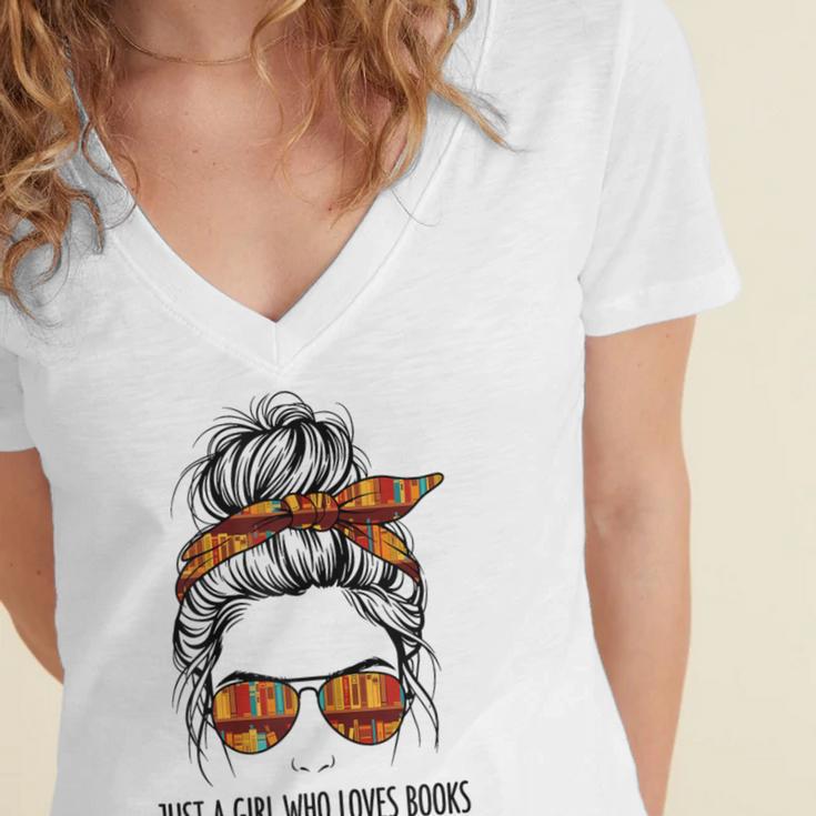 Just a Girl Who Loves Books Pajamas Shirt Reading Book Lover Women's Jersey Short Sleeve Deep V-Neck Tshirt