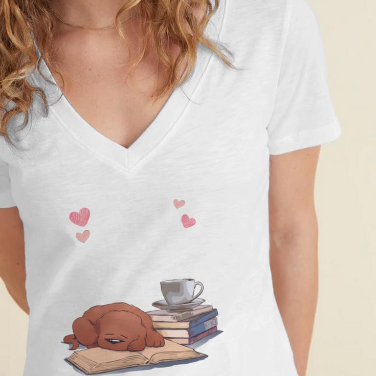 Just a Girl Who Loves Dogs Books Coffee T-Shirt Women's Jersey Short Sleeve Deep V-Neck Tshirt Just a Girl Who Loves Dogs Books Coffee T-Shirt Women's Jersey Short Sleeve Deep V-Neck Tshirt
