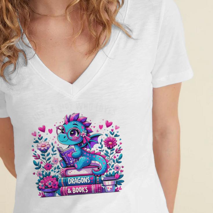 Just A Girl Who Loves Dragons And Books Cute Dragon Reading Premium Tri-Blend Women's Jersey Short Sleeve Deep V-Neck Tshirt