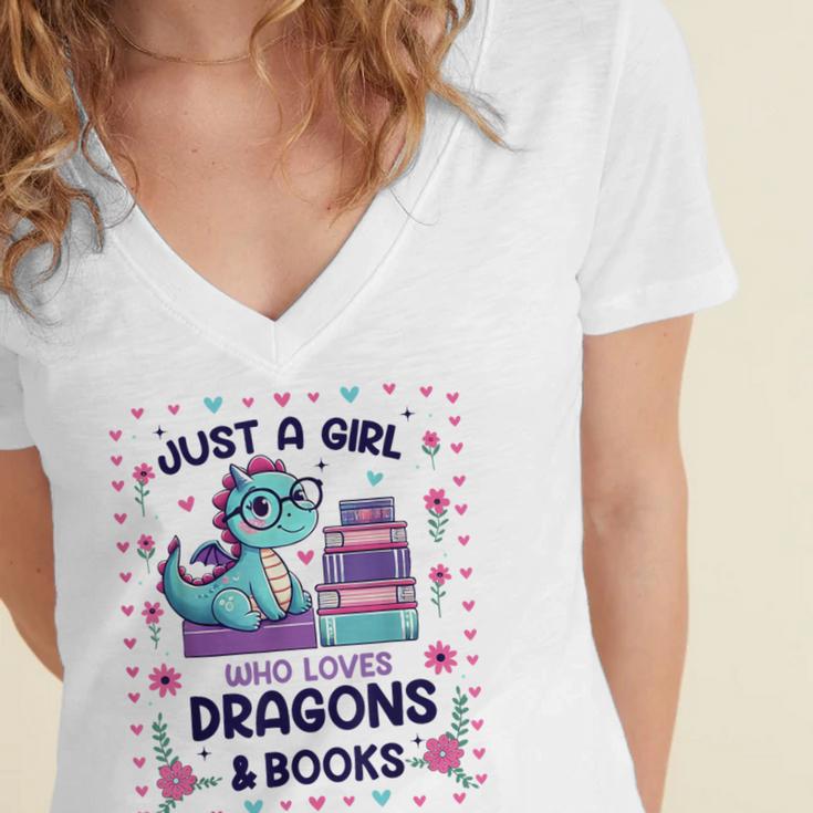 Just A Girl Who Loves Dragons And Books Lover Reading Book Women's Jersey Short Sleeve Deep V-Neck Tshirt