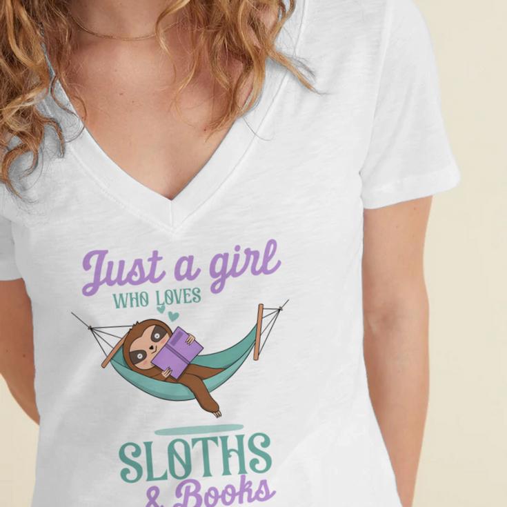 Just a Girl Who Loves Sloths And Books Women's Jersey Short Sleeve Deep V-Neck Tshirt