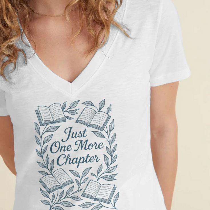 Just One More Chapter Blue Book Lover Reading Quote Women's Jersey Short Sleeve Deep V-Neck Tshirt
