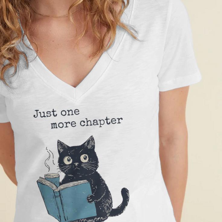 Just One More Chapter Bookworm Cat Book Lover Women's Jersey Short Sleeve Deep V-Neck Tshirt