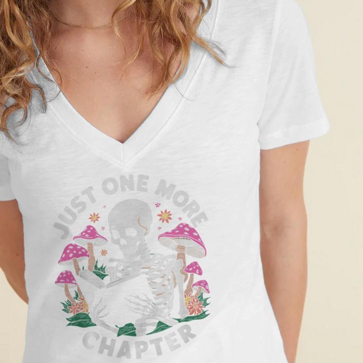 Just One More Chapter Mushrooms Gothic Skeleton Book Lover Premium Women's Jersey Short Sleeve Deep V-Neck Tshirt