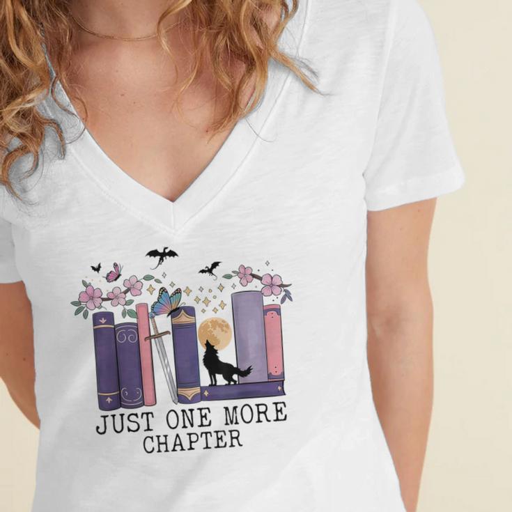 Just One More Chapter Romantasy Book Dragon Bookworm Bookish Women's Jersey Short Sleeve Deep V-Neck Tshirt