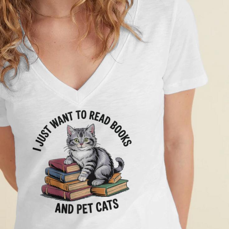 I Just Want To Read Books And Pet Cats Raglan Baseball Tee Women's Jersey Short Sleeve Deep V-Neck Tshirt I Just Want To Read Books And Pet Cats Raglan Baseball Tee Women's Jersey Short Sleeve Deep V-Neck Tshirt