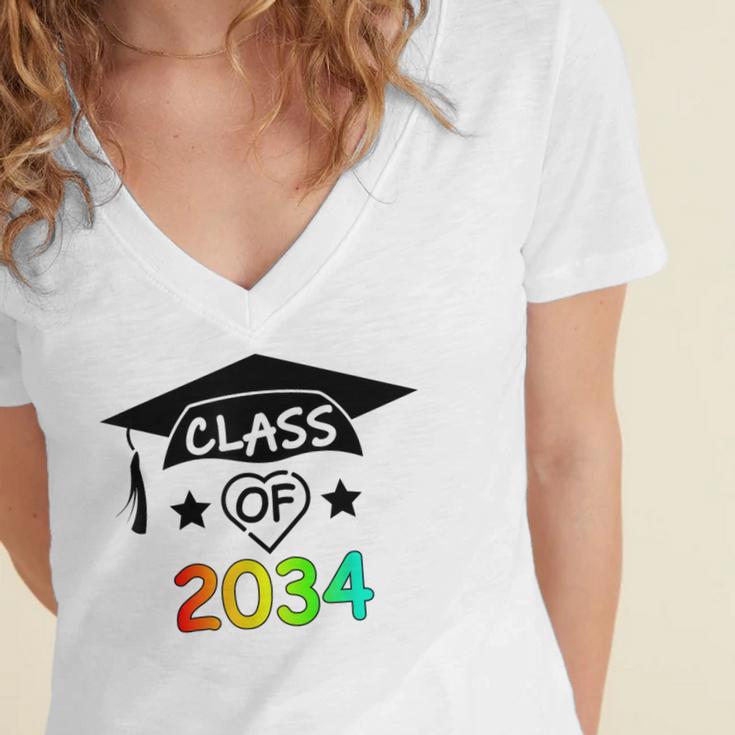 K -12th Grade Hand Prints Space Graduation Class Of 2034 Women's Jersey Short Sleeve Deep V-Neck Tshirt