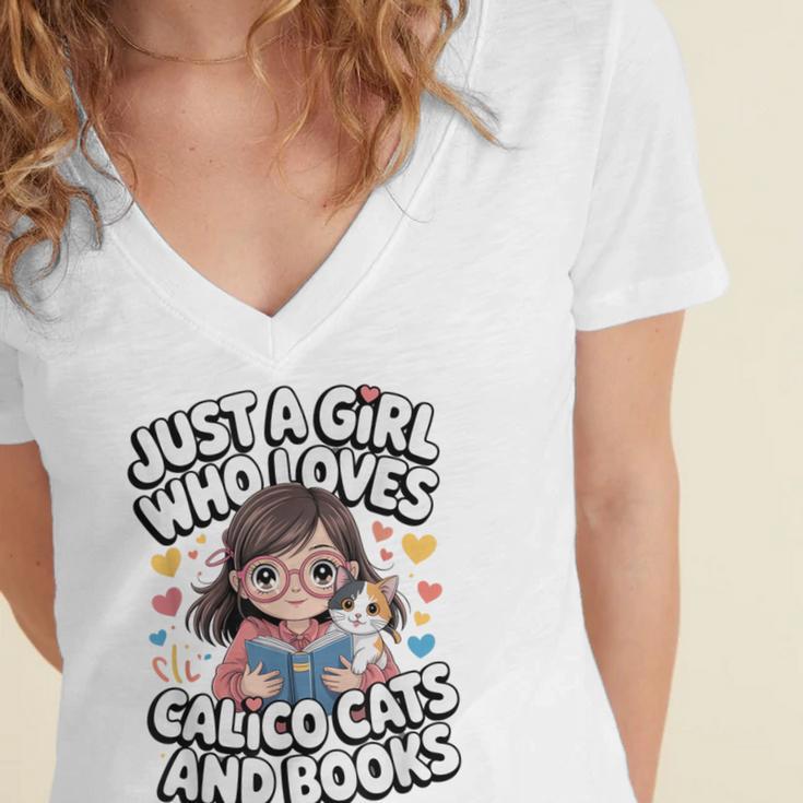 Kawaii Cat And Books Just A Girl Who Loves Both Women's Jersey Short Sleeve Deep V-Neck Tshirt